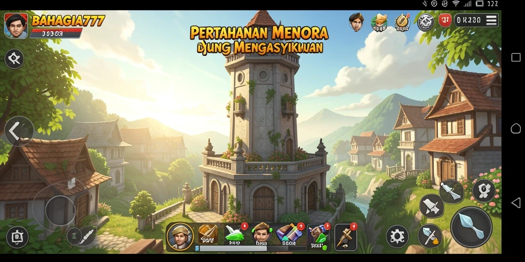 Tampak serunya gameplay Tower Defense BAHAGIA777 dengan menara yang berfokus pada strategi.