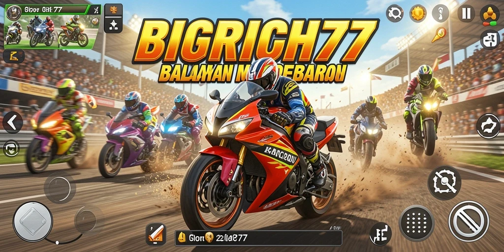 Tampilan gameplay mendebarkan di BIGRICH77 saat balapan motor.