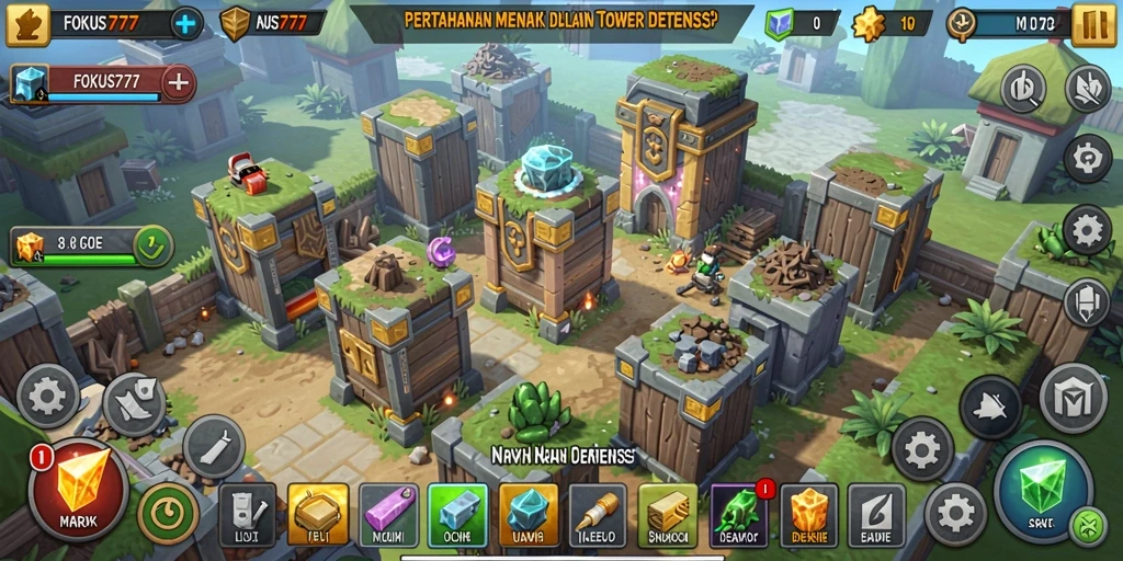 Screenshot FOKUS777 menampilkan aksi seru gameplay Tower Defense.