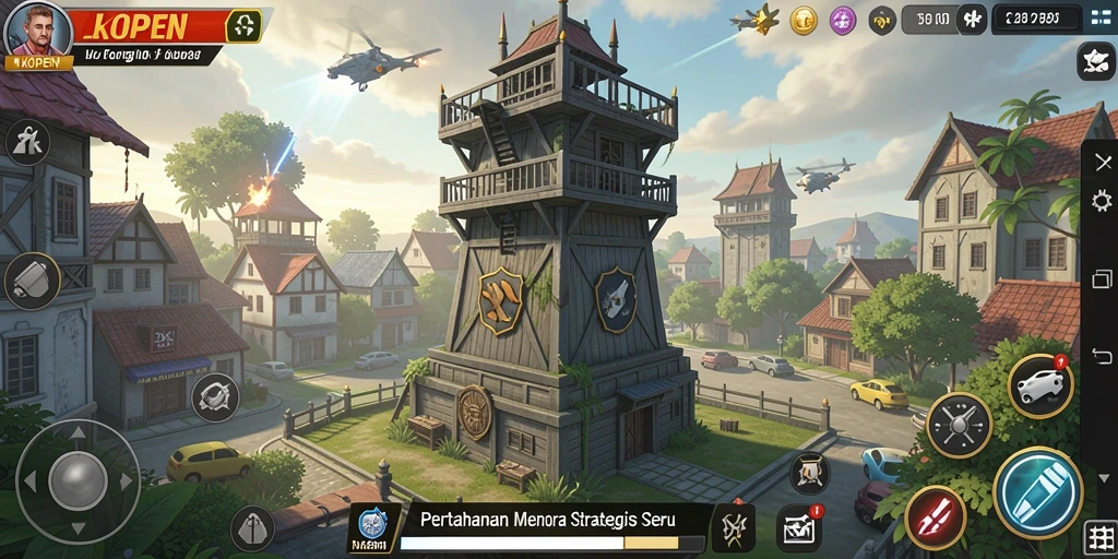 Tampilan gameplay LKOPEN dengan menara yang kuat bertahan dari serangan musuh.