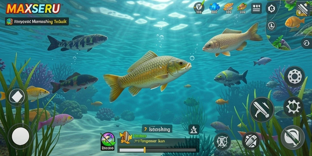 Tampilan gameplay dari <strong>MAXSERU</strong>, menunjukkan aksi memancing yang seru.