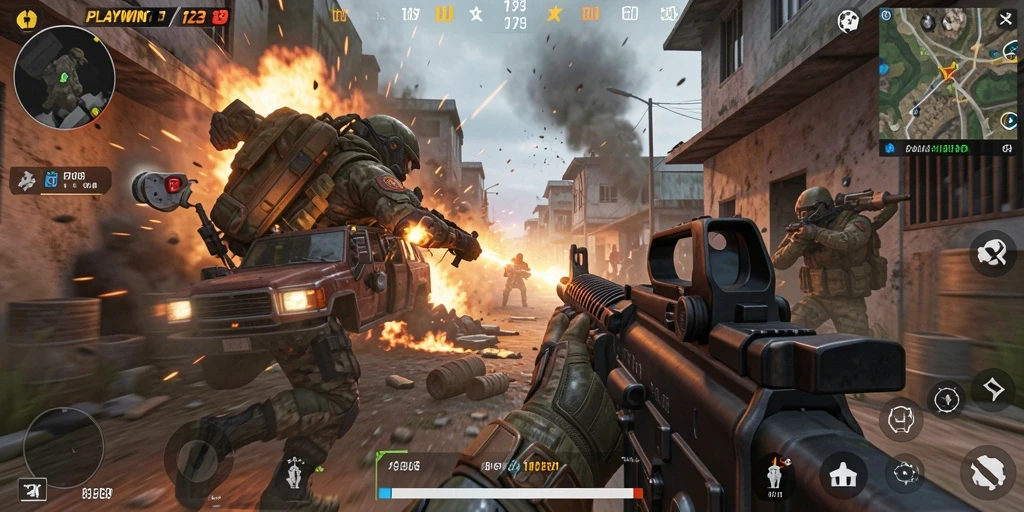 Tampilan gameplay menegangkan dari PLAYWIN123 yang penuh aksi TPS.