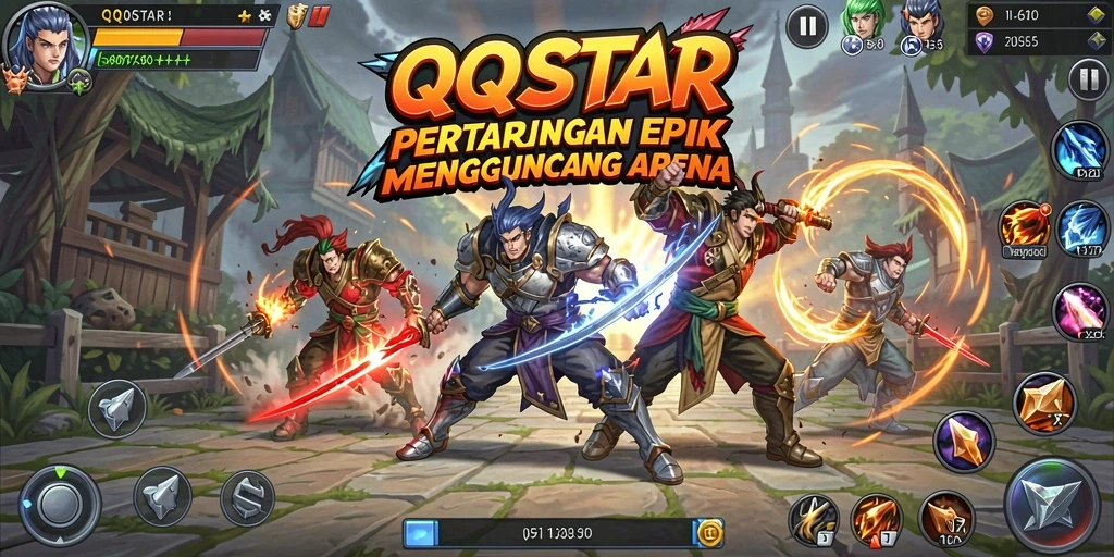 Screenshot gameplay <strong>QQSTAR</strong> menunjukkan pertarungan epik antar karakter.
