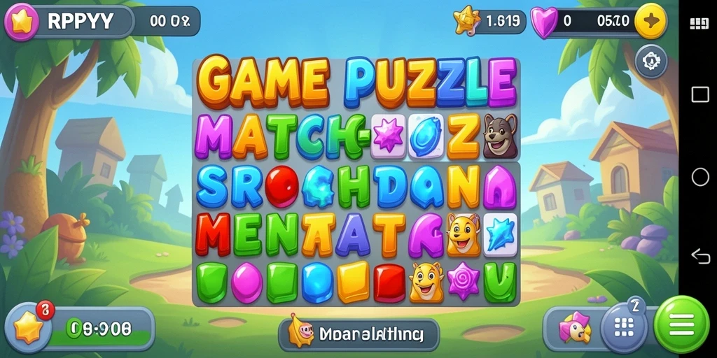 Screenshot gameplay RPYYY dengan elemen Match-3 yang berwarna-warni.
