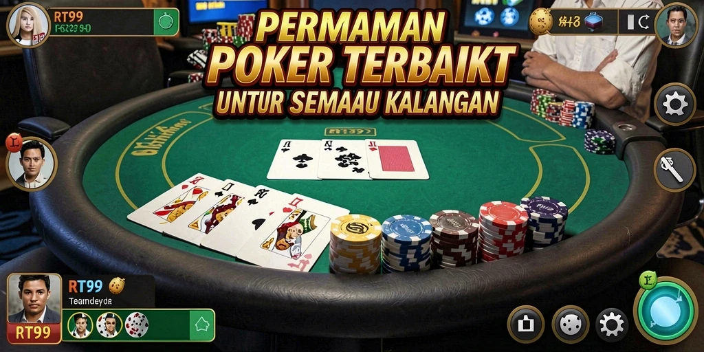 Tampilan utama RT99 menampilkan gameplay seru Poker yang penuh aksi.