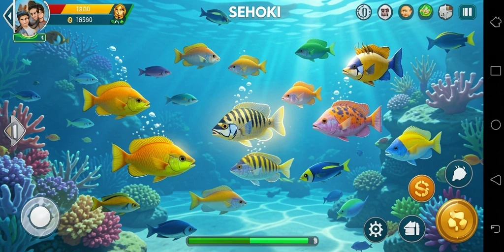 Tampilan gameplay SEHOKI dengan aksi tembak ikan yang seru.